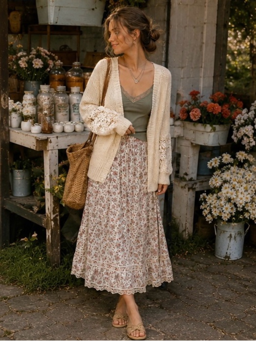 Chunky Knit Crochet Floral Long Sleeves Oversized Cream Cottagecore Cardigan - Picture 4 of 12